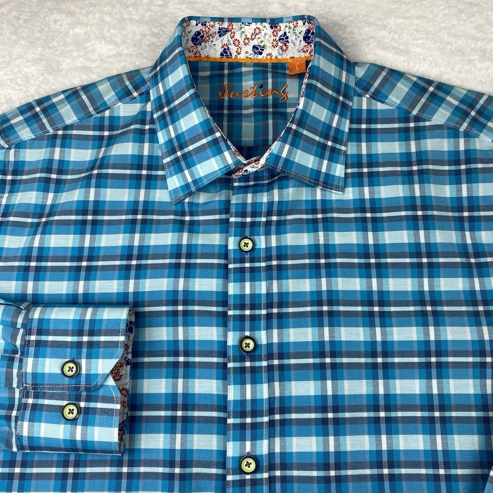 JUSTINS Shirt Mens‎ Large Blue Plaid Contrasting Trim Long Sleeves